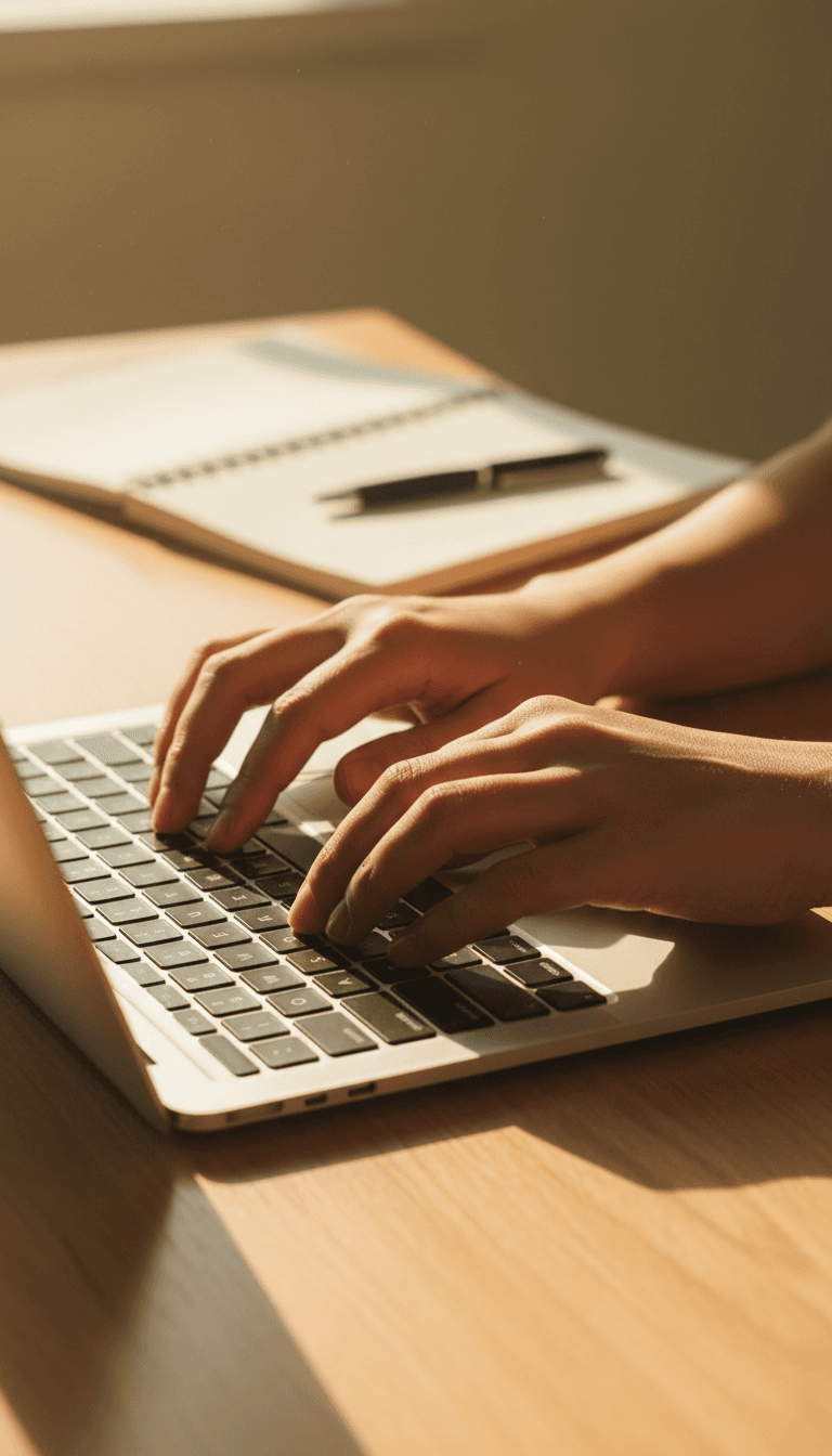 Hands typing on laptop keyboard in natural light