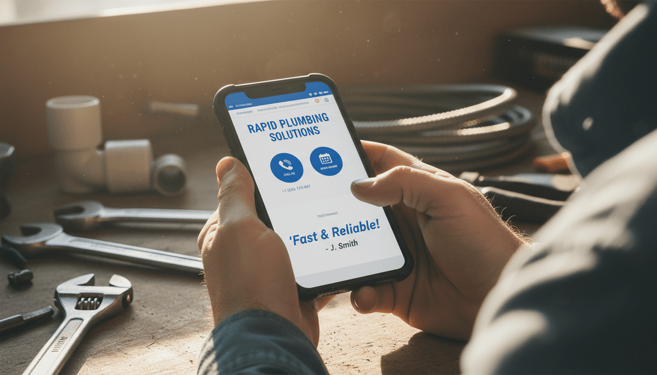 Tradesperson viewing a professional website on smartphone showing clear contact and service information