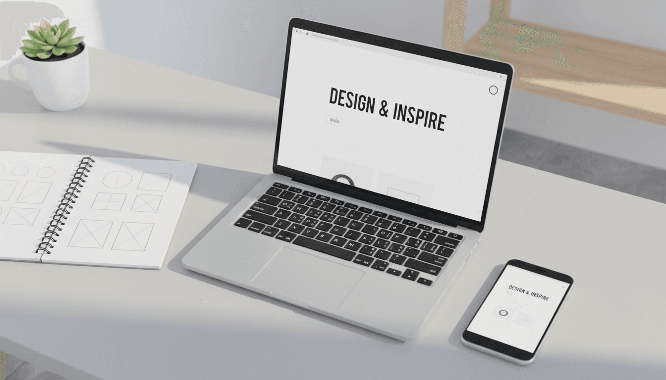 Web designer's workspace showing laptop with mobile-friendly website design and responsive mockups