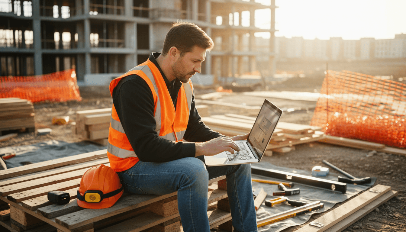Local contractor using a professional website on laptop at job site