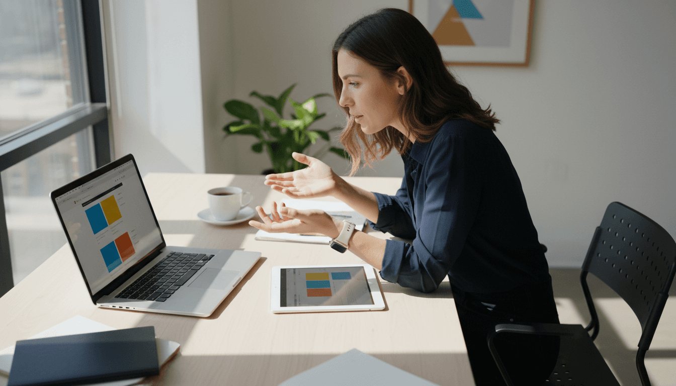 Small business owner reviewing website designs on laptop and tablet