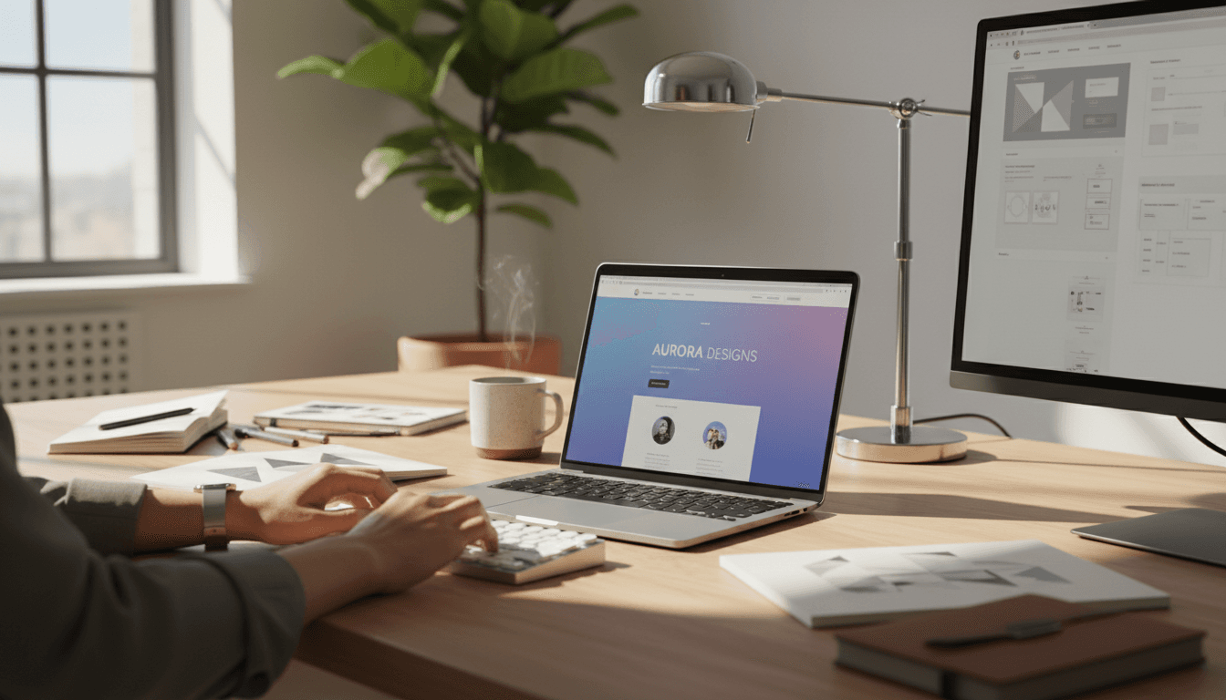 Designer workspace showing responsive website design on laptop screen